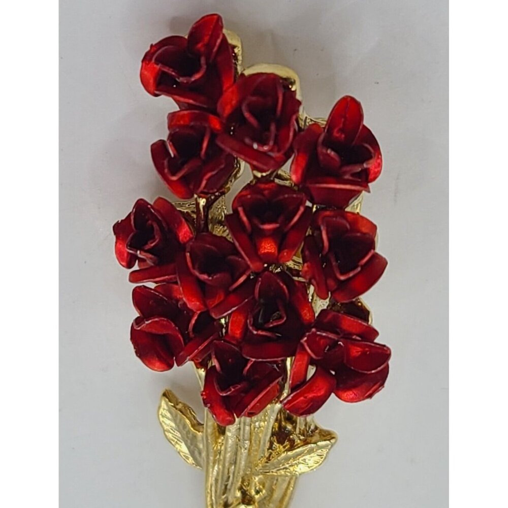 Vintage Danbury Mint Brooch Red Roses Enamel Long Stem Bouquet Pin Signed DMG97 - Picture 4 of 9